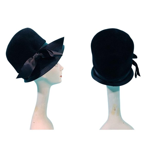 Vintage 1950s Bucket Hat Luxuria Black Satin Bow Tall Hat - Picture 4 of 10